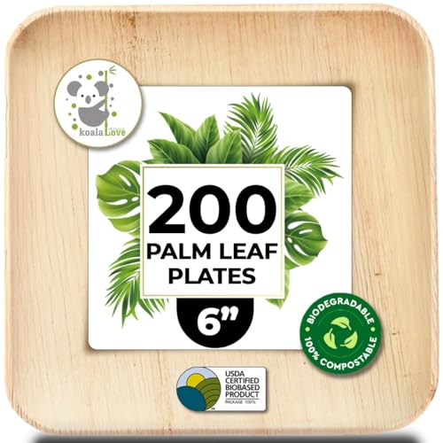 Palm Leaf Plate Bamboo Paper Disposable 6 Inch 200 Bulk Appetizer and Dessert Square Party Pack Eco Biodegradable Compostable Wooden Plate Better Than Plastic By KoalaLove