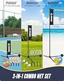 Patiassy 5.1ft-7.4ft Adjustable Height Volleyball Badminton Pickleball Net Set 17ft Sports Net with Poles, 4 Badminton Rackets, 3 Shuttlecocks, 4 Pickleball Paddles and Volleyball (Black)