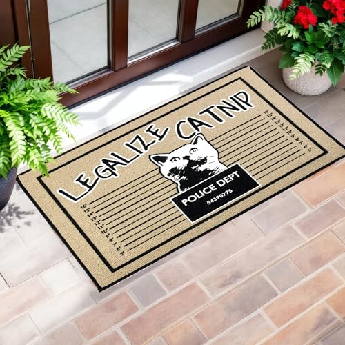 Funny Legalize Catnip Welcome Doormat – Novelty Rug with Cartoon Cat Mug Shot, Indoor or Outdoor Floor Mat for Cat Lovers, Housewarming Gift – Olefin Material, Printed with Color-Fast Ink – Tan