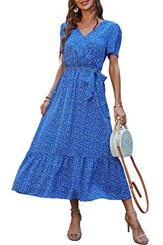 PRETTYGARDEN Women's 2024 Floral Boho Dress Wrap V Neck Short Sleeve Belted Ruffle Hem A-Line Flowy Maxi Dresses (Blue Floral,Medium)