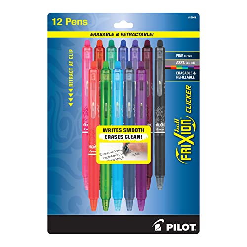 Pilot Frixion Clicker Erasable Gel Pen, Fine, 0.7 mm, Assorted Ink Colors, 12-Pack