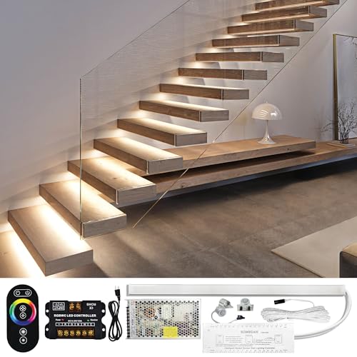 PARMIDA Intelligent Motion Sensor LED Indoor Stair Lighting Kit, RGB & 5CCT Color Selectable, 24" Aluminum Light Bars, Staircase Cascading Style, Remote Control, Dimmable, UL Driver, 150W - 16 Steps