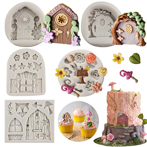 Sijiangmold Enchanted Vintage Fairy Garden Fairy Gnome Home Door Silicone Flower Leaf Fondant Mold For Cake Decorating Chocolate Candy Cupcake Topper Decorating Polymer Clay Set Of 4