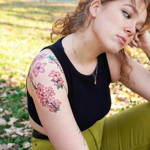Sakura Cherry Blossom Temporary Tattoos (Set of 6), Pink Floral Design with Green Leaves/Japanese Cherry Blossom