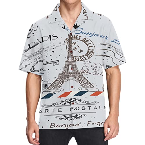 visesunny Hawaiian Shirt for Men Unique Style Paris Eiffel Tower Lettering Short Sleeve Beach Summer Casual Button Down Aloha Shirt Quick Dry