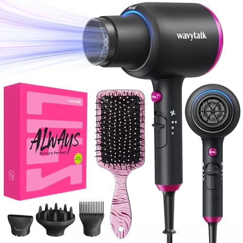 Wavytalk Hair Dryer with Diffuser, Blown Away Ionic Hair Dryer with 4 Attachments for All Hair Types, 1875W Blow Dryer with Ceramic Technology, Gift Packaging, Light and Quiet, Black