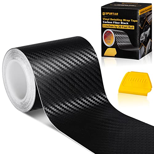 Spurtar Carbon Fiber Tape Roll, 3Inch X 20ft Air-Release Adhesive Black Vinyl Strip Chrome 3D Carbon Fiber Sticker Car Door Edge Guard Blackout Tape for Cars Motorcycle DIY Free Tool 7.6 X 600cm