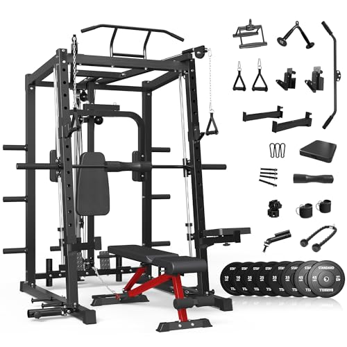 Mikolo All-in-One Smith Machine with 230lbs Weight Stacks, Power Cage with Cable Crossover, LAT Pulldown, Squat Rack & Adjustable Weight Bench (Red)