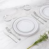 Goodluck 600 Piece Disposable Silver Plates for 100 Guests, Plastic Dinnerware Set of 100 Dinner Plates, 100 Salad Plates, 100 Spoons, 100 Forks, 100 Knives, 100 Cups, Plastic Plates for Party