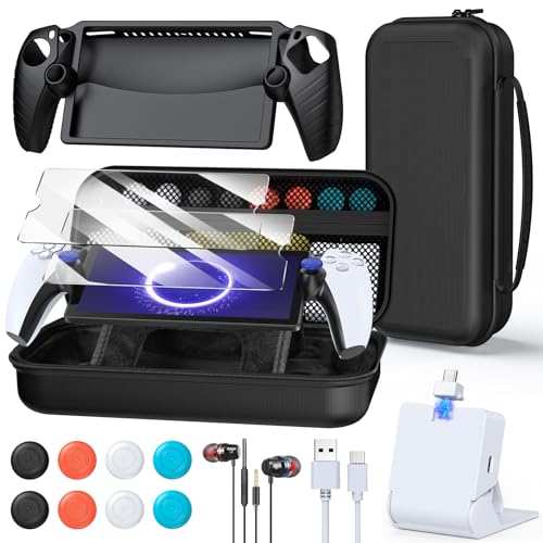 FYOUNG Accessories Kit for PlayStation Portal, Carrying Case Bundle and Magnetic Portable Charger for PS5 Portal with Protective Case, 2 Screen Protectors, Wired Headphone, 8 Thumb Grips (Black)