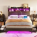 Rolanstar Queen Bed Frame with Storage Headboard, Metal Platform Charging Station, LED 4 Drawers, Bookcase Storage, No Box Spring Needed, Easy Assembly, Noise-Free, Black