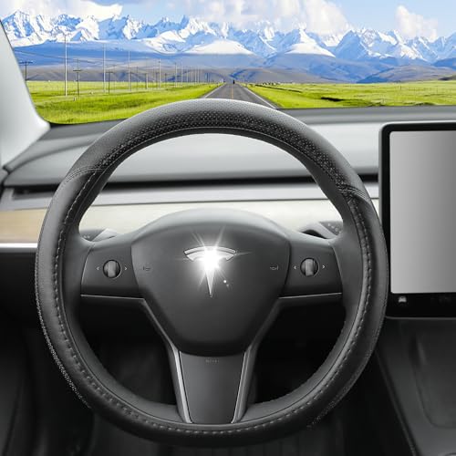 MLVOVL Custom Fit for Tesla Model 3 Steering Wheel Cover,Tesla Steering Wheel Cover Model 3 is Premium Leather Excellent Hand Texture,Non-Slip,Breathable, for Tesla Model 3 Accessories (Deluxe)