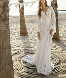 White Boho Lace Wedding Dresses for Bride Long Sleeves Floor Length Mermaid Formal Bridal Dresses Sexy V Neck Backless Bride Wedding Dress with Sleeves US8