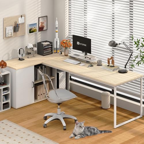PatioPerk 71" L Shaped Executive Desk, Executive Office Desk with File Cabinet and Power Outlet, Large Computer Table with Shelves, Business Furniture Workstation for Home Office (Oak & White)