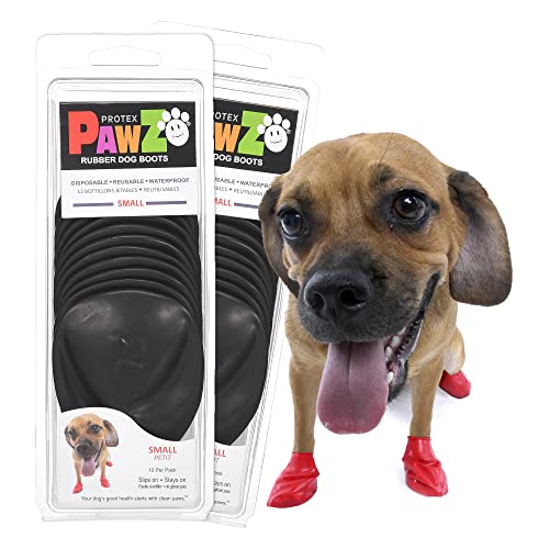 PawZ Rubber Dog Boots for Paws up to 2 1/2", 24 Total (2 Packs of 12) - All-Weather Booties for Hot Pavement, Snow, Mud, and Rain - Waterproof, Anti Slip Dog Socks - Small, Black