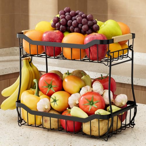 Sakugi Fruit Basket - 2 Tier Fruit Basket for Kitchen Counter, Detachable Fruit Vegetable Basket with Banana Hanger, Metal Countertop Fruit Stand with Wooden Handle, Black, 7.3" D x 11.2" W x 10.3" H