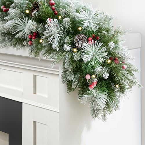 9ft Artificial Christmas Snow Garland with 50 led Lights Timer, Pine Cone, Christmas Red Berry Garlands Battery Powered Outdoor String for Mantle Stairs Railing Fireplace Door