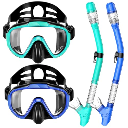Zipoute Snorkel Snorkeling Gear for Adults, Dry Top Snorkel Set with Panoramic Anti-Leak and Anti-Fog Tempered Glass Lens,Adjustable Snorkeling Set for Scuba Diving Swimming Couple Snorkel Kit 2 Pack