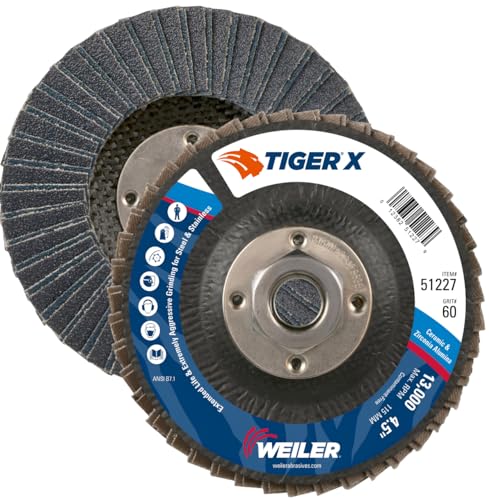 Weiler 51227 Tiger X Flap Disc, Ceramic and Zirconia Alumina, Flat, Phenolic Backing, 60 Grit, 4-1/2", 5/8-11" Arbor Hole (Pack of 10)