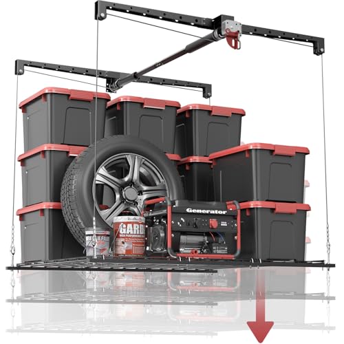 Overhead Garage Storage Rack for 10–12 FT Ceiling, Heavy-duty 4x4 FT Ceiling Storage Racks with Safety Lock, Ideal for Garage Storage Mounted Lift System and Storage Organizer, 250lbs Capacity