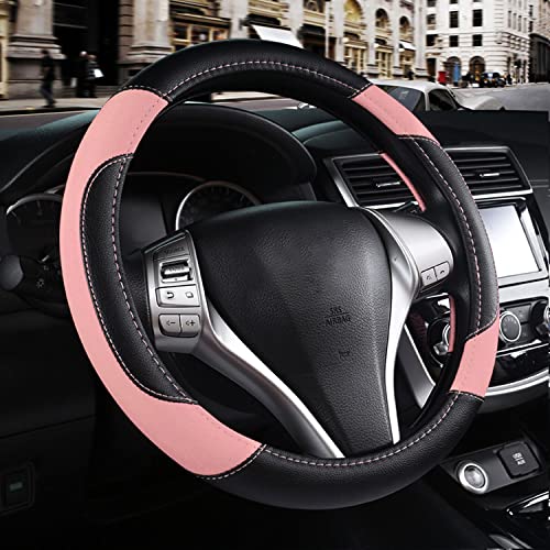 Leather Car Steering Wheel Cover, Non-Slip Car Wheel Cover Protector Breathable Microfiber Leather Universal Fit for Most Cars(Pink)