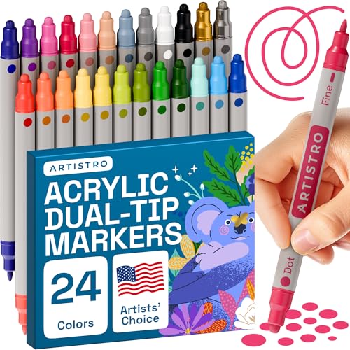 ARTISTRO 24 Acrylic Paint Pens, Acrylic Paint Markers, Fabric Markers for Textile, Canvas, Rock, Glass, Wood, Paper, Pumpkin, DIY, Paint Markers for Kids and Adults (Dual Tip Dot + Fine, 24)