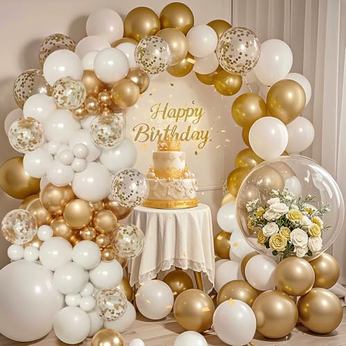 KARLURE White and Gold Balloon Arch Kit,145pcs White Gold Clear Balloons for Wedding Anniversary Engagement Birthday Baptism Baby Shower Retirement Party Decorations