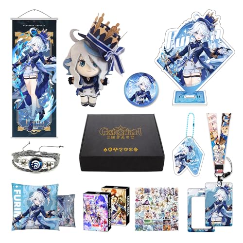 MOTAO Genshin Impact Box Furina Merch Set - Plush Doll, Poster, Mouse Pad, Stand Figure, Bracelet, Badge, Keychain, Card Holder, 30 Lomo Cards, 50 Stickers(Furina)