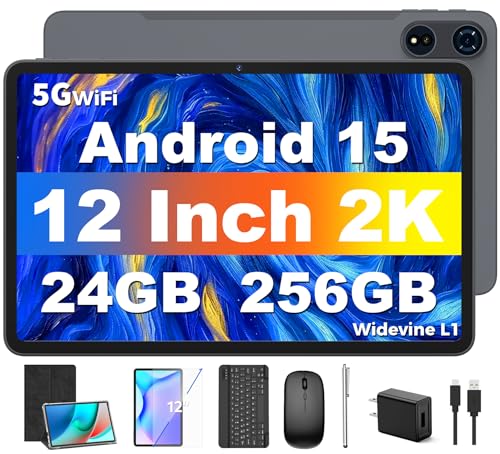 Tablet 12 inch Android 15 Tablets, 24GB（8+16）RAM+256 Storage(Expand to 1TB), Android Tablet with Keyboard, Octa-Core, 2K 2000x1200 Display, 16MP Dual Camera, 8000mAh, 5G WiFi,GPS,Bluetooth 5.0（Black）