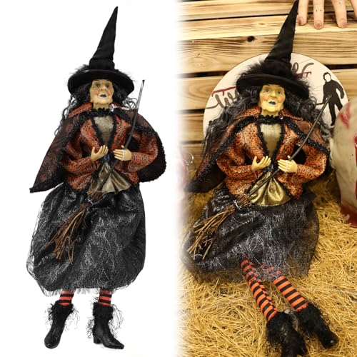 brableewear Halloween Witch Doll Statue Spooky Sitting Witch Decoration Outdoor Hanging Flying Witch Decor Halloween Yard Garden Ornament Haunted House Party Props