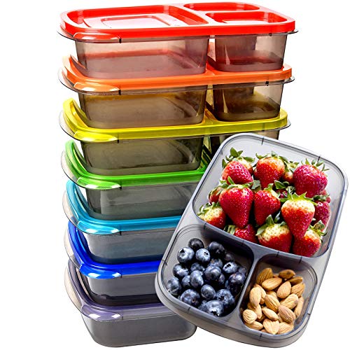 Youngever 7 Pack Bento Lunch Box, Meal Prep Containers, Reusable 3 Compartment Plastic Divided Food Storage Container Boxes