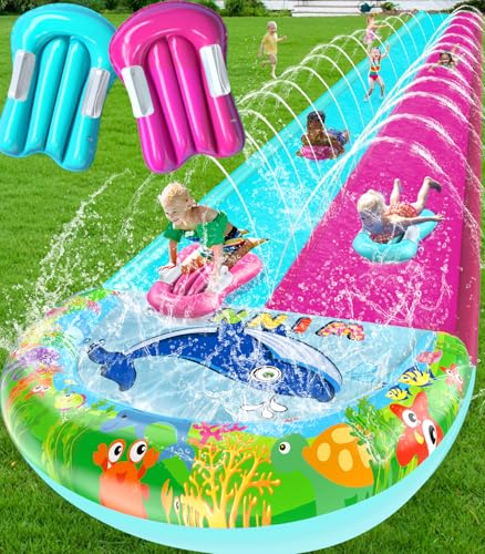33FT Slip Lawn Water Slide for Kids Adults, Extra-Long Double Lanes Heavy Duty Slides & Side Fences, Giant Water Slide with Splash Pool, 2 Inflatable Bodyboards, Slip Backyard Summer Water Play Toy