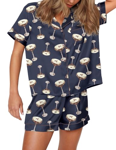 SHESHOW Funny Pj Sets for Women Satin Silk Short Sleeve Shorts Pajama Set Button Down Sleepwear Lingerie Blue M
