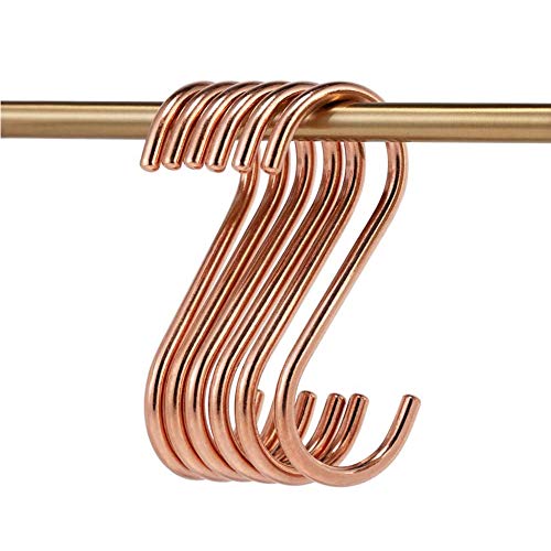 WEKBOSS 8 Pieces Copper S Hook Rose Gold Brass S Hooks for Hanging Pot Rack Pan 3.7In Heavy Duty Kitchen Garden Shower Purpose Storage Hooks Hangers(for 0.94" Rod)