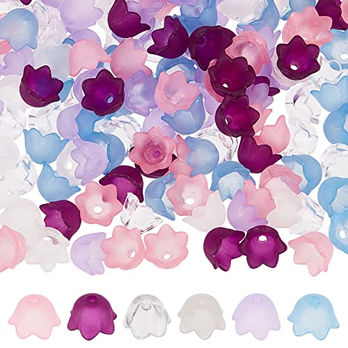 SUNNYCLUE 1 Box 600Pcs 6 Colors Acrylic Bead Caps Flower Bead Cap Flower Beads Acrylic Frosted Bell Tulip Flowers Lily Beads Floral Spacer Loose Bead for Jewelry Making Women Adult DIY Crafts