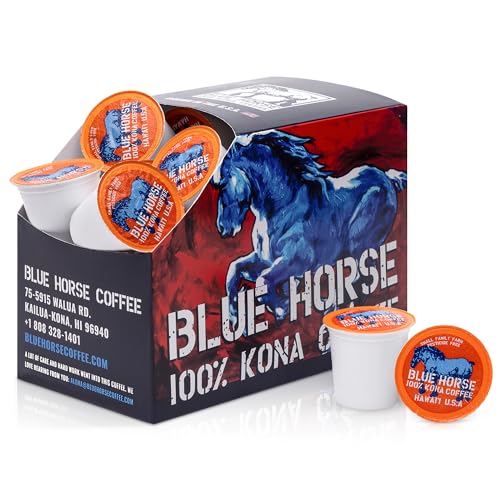Blue Horse 100% Kona Coffee Pods, Medium Roast, 20ct Single Serve, Compatible with K Cups 2.0, Farm Fresh, Authentic Arabica Beans from Hawaii’s Big Island for a Smooth, Rich Flavor