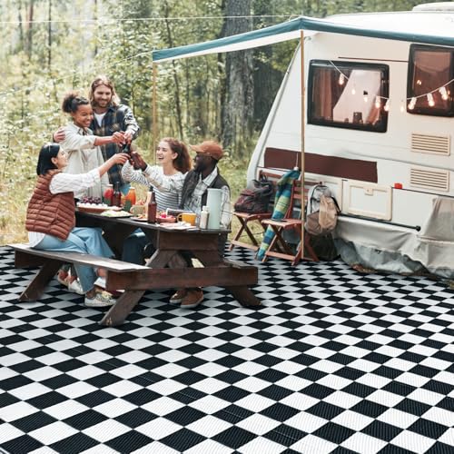 GOTGELIF Black and White Classic Checkerboard Outdoor Area Rug 9x12FT, Reversible & Water-Resistance & Portable Plastic Straw Rug for RV Trips, Picnic, Camping, Outdoor, Garden, Patio