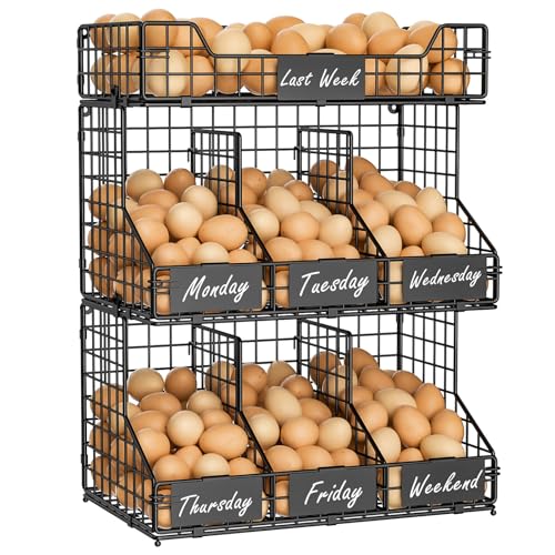 X-cosrack Egg Holder Countertop, 3 Tier Egg Rack with Labels Dividers to Separate Eggs, Stackable Wire Baskets for Fresh Egg, XXL Egg Dispenser for Countertop/Wall-Mounted (Patent Pending)