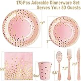 175PCS Pink Rose Gold Plates Napkins Party Supplies, Severs 25 Disposable Party Pink Plates, Plastic Forks Knives Spoons, Golden Dot Paper Plates, Napkins Cups for Baby Shower Decorations Pink Party