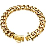 Gold Dog Chain Collar Walking Metal Chain Collar with Design Secure Buckle,18K Cuban Link Strong Heavy Duty Chew Proof for Medium Dogs(19MM, 18")