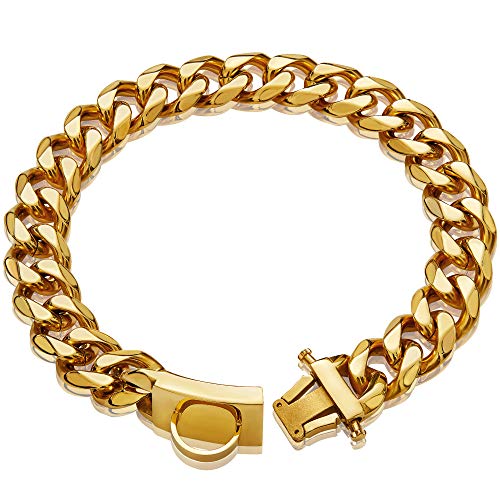 Gold Dog Chain Collar Walking Metal Chain Collar with Design Secure Buckle,18K Cuban Link Strong Heavy Duty Chew Proof for Large Dogs(19MM, 20")
