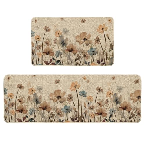 Artoid Mode Brown Poppy Floral Leaves Spring Kitchen Mats Set of 2, Spring Home Decor Low-Profile Kitchen Rugs for Floor - 17x29 and 17x47 Inch