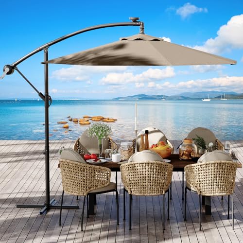 HarmonyHealth 10FT Cantilever Patio Umbrella with Cross Base, Outdoor Offset Market Umbrella with Infinite Tilt and Crank Lift, Outside Umbrellas for Backyard Lawn Garden and Pool (Navy Blue) (Tan)