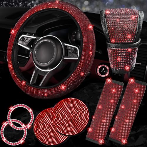 NBTEPEM 8 pcs Red Bling Car Accessories Set for Women, Steering Wheel Cover, Sparkly Seat Belt Covers, Bling Gear Shift Cover, Universal Fit Most Cars (Red Diamond)