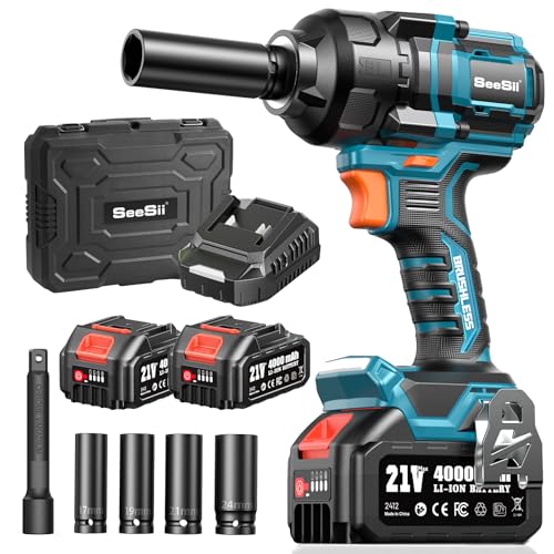 SEESII Impact Wrench 900 FT-LBS(1200N.m) 2900IPM 1/2 Impact Gun High Torque Electric Cordless Impact Wrench with 21V 2x4.0Ah Battery 5 Sockets and Case for Home Car Truck Tire Lug Nut Removal Tool Set