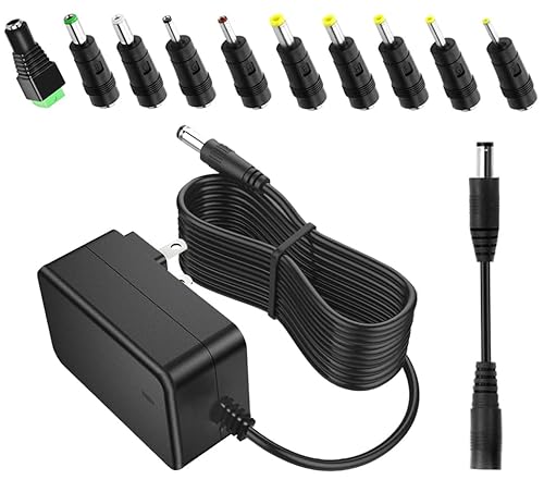 9V 2A AC Adapter Power Supply Cord 10ft with 10 Interchangeable DC Plugs and Reverse Polarity Converter Cable 9Volt 2Amp Regulated Switching Transformer AC to DC Converter