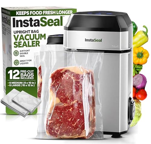 InstaSeal Vacuum Sealer for Food with 12 Bags, Compact Upright Design Allows Machine to Seal Marinades, Soups, Meats for Sous Vide Cooking, Vegetables, Double Heated Seal Keeps Food Fresher Longer