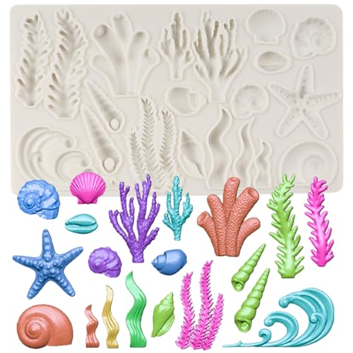 QDMOLDS Marine Theme Fondant Molds Seashell Conch Starfish Seaweed Coral Silicone Mold For Cake Decoration Cupcake Topper Sugar Craft Chocolate Candy Gum Paste Polymer Clay