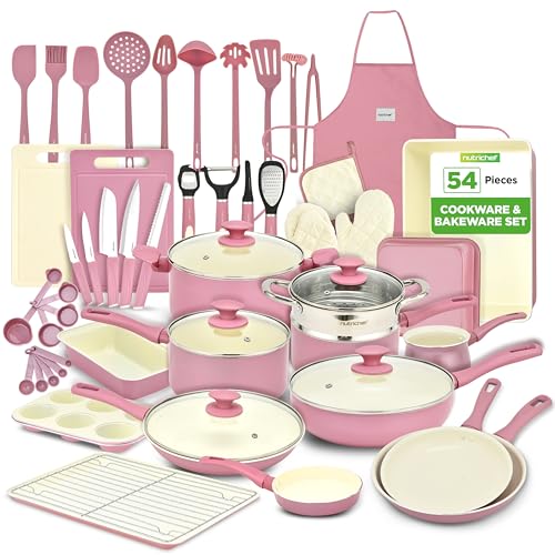 NutriChef 54-Piece Kitchen Cookware Set – Complete Non-Stick Ceramic Pots and Pans Set with Utensils, Bakeware, and Knife Set, Gas, Electric & Induction Compatible, Blush Pink Kitchen Essentials