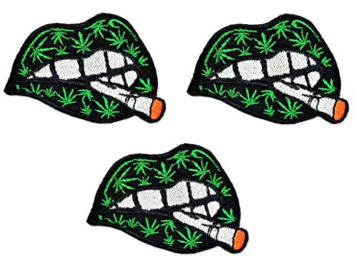 Umama Patch Set of 3 Lady's Kiss Hot Sexy Lips Black Cartoon Applique Patch Marijuana Leaf Lips Embroidered Iron On or Sew On Patch Craft Clothing Decorative Repair